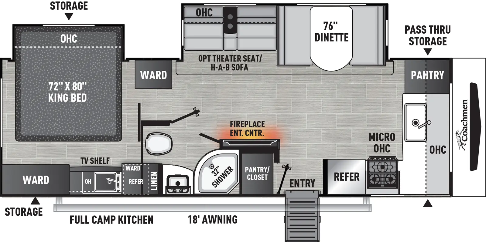 The 259FKBS has two slideouts and one entry. Exterior features front pass-thru storage, rear storage on each side, full camp kitchen with sink, overhead cabinet, and refrigerator, and 18 foot awning. Interior layout front to back: pantry and kitchen counter with sink and overhead cabinet wrap from the front to the door side with microwave, cooktop, and refrigerator; off-door side slideout with dinette, and a hide-a-bed sofa with overhead cabinet (optional theater seat), and wardrobe; door side entry, pantry/closet, entertainment center with fireplace along inner wall, and full bathroom with linen closet; rear off-door side king bed slideout with overhead cabinet, and rear door side wardrobe and TV shelf.